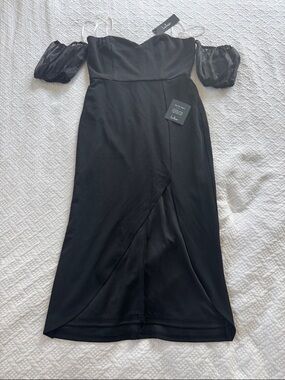 Lulu's Black Midi Dress with Sheer Puff Sleeve